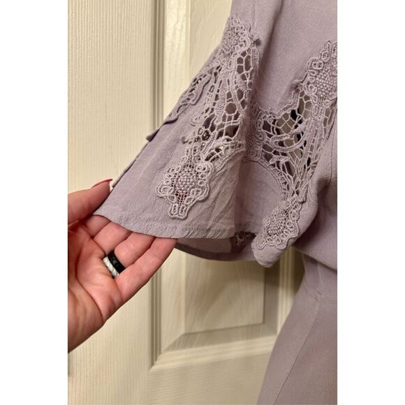 Astr The Label Embroidered  Flutter Sleeve Crochet Short Sleeve Wrap Midi Dress - Picture 4 of 11